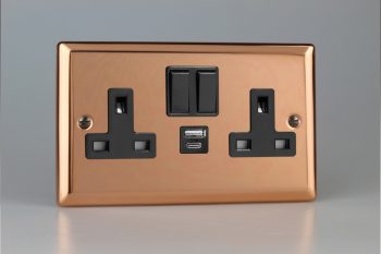 Varilight Urban Polished Copper 2-Gang 13A Single Pole Switched Socket with 1x USB A & 1x USB C Charging Ports