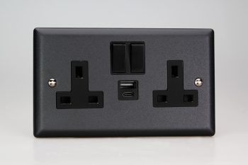 Varilight Urban Matt Black 2-Gang 13A Single Pole Switched Socket with 1x USB A & 1x USB C Charging Ports