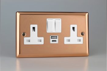 Varilight Urban Polished Copper 2-Gang 13A Single Pole Switched Socket with 1x USB A & 1x USB C Charging Ports