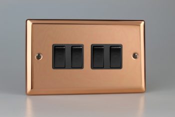 Varilight Urban Polished Copper 4-Gang 10A 1- or 2-Way Rocker Switch (Twin Plate)