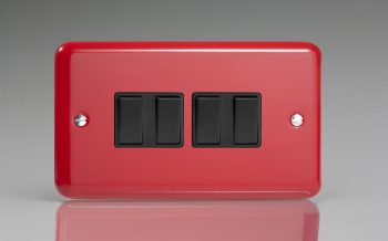 Varilight Lily Pillar Box Red 4-Gang 10A 1- or 2-Way Rocker Switch (Twin Plate)