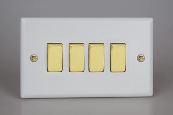 Varilight Vogue Matt White 4-Gang 10A 1- or 2-Way Rocker Switch (Twin Plate) with Metal Rockers