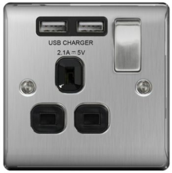 BG Nexus Metal Brushed Steel 1 Gang Single Switched 13A Power Socket with 2x USB Sockets