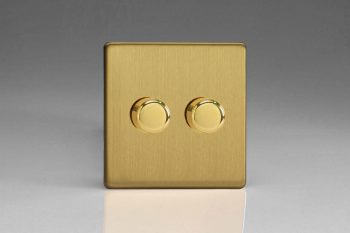 Varilight Flat Plate Screwless Brushed Brass 2-Gang 2-Way Push-On/Off Rotary LED Matrix Dimmer 2 x 15-180W (max 20 LEDs)