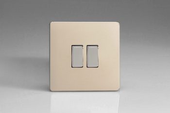Varilight Flat Plate Screwless Satin Chrome 2-Gang (10A Intermediate Switch + 10A 1- or 2-Way Rocker Switch)