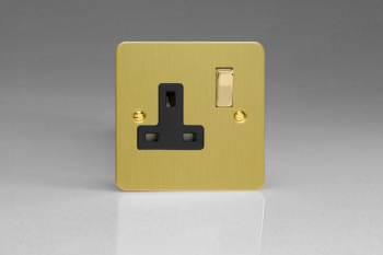 Varilight Ultraflat Brushed Brass 1-Gang 13A Double Pole Switched Socket with Metal Rockers