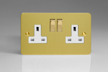 Varilight Ultraflat Brushed Brass 2-Gang 13A Double Pole Switched Socket with Metal Rockers