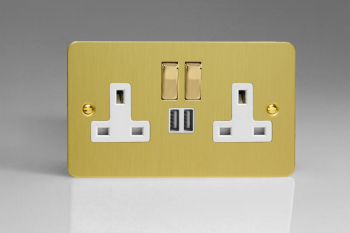 Varilight Ultraflat Brushed Brass 2-Gang 13A Single Pole Switched Socket with Metal Rockers + 2 5V DC 2100mA USB Charging Ports