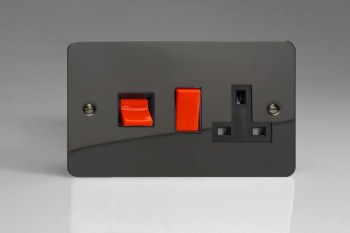 Varilight Ultraflat Iridium Black 45A Cooker Panel with 13A Double Pole Switched Socket Outlet (Red Rocker)