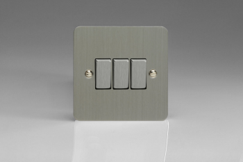 Varilight Ultraflat Brushed Steel 3-Gang 10A 1- or 2-Way Rocker Switch