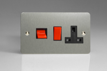 Varilight Ultraflat Brushed Steel 45A Cooker Panel with 13A Double Pole Switched Socket Outlet (Red Rocker)