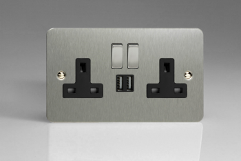 Varilight Ultraflat Brushed Steel 2-Gang 13A Single Pole Switched Socket with Metal Rockers + 2 5V DC 2100mA USB Charging Ports
